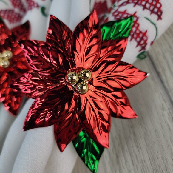 Vintage Christmas Linen Napkins Set o 6 Metal Rings Lace Cross Stitch Poinsettia - Picture 7 of 15